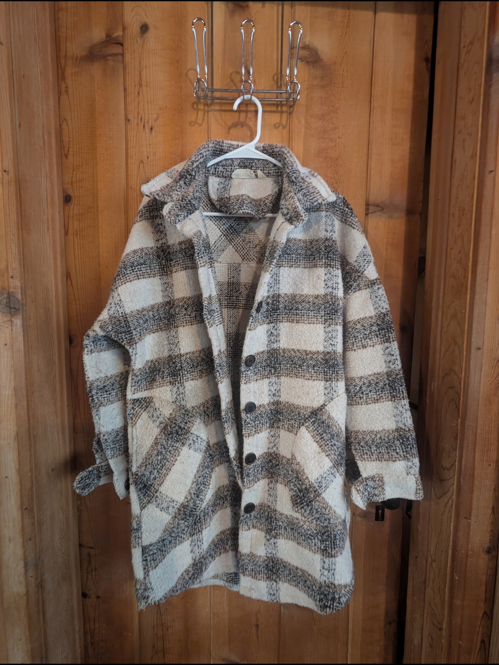 Plaid Button-Up Coatigan in Cream and Gray